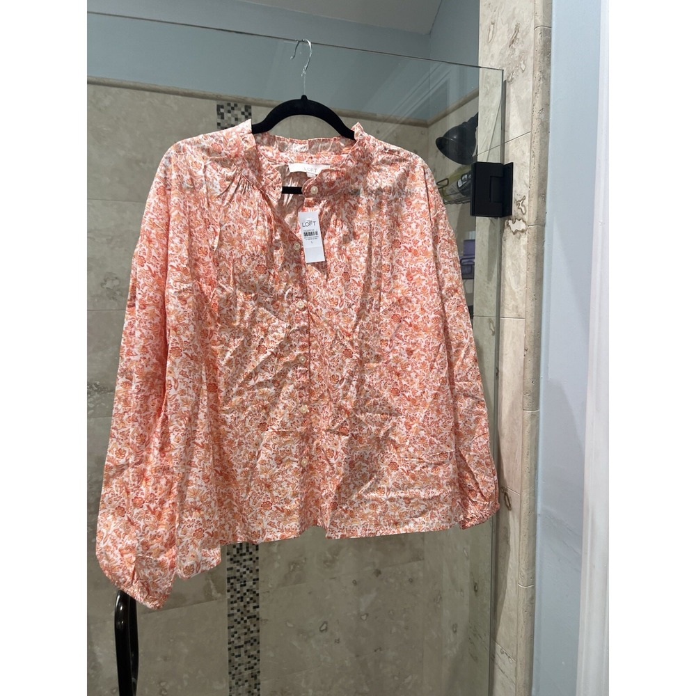 LOFT Jungle Ruffle Neck Poet Long Sleeve Blouse Orange Floral New Size L
